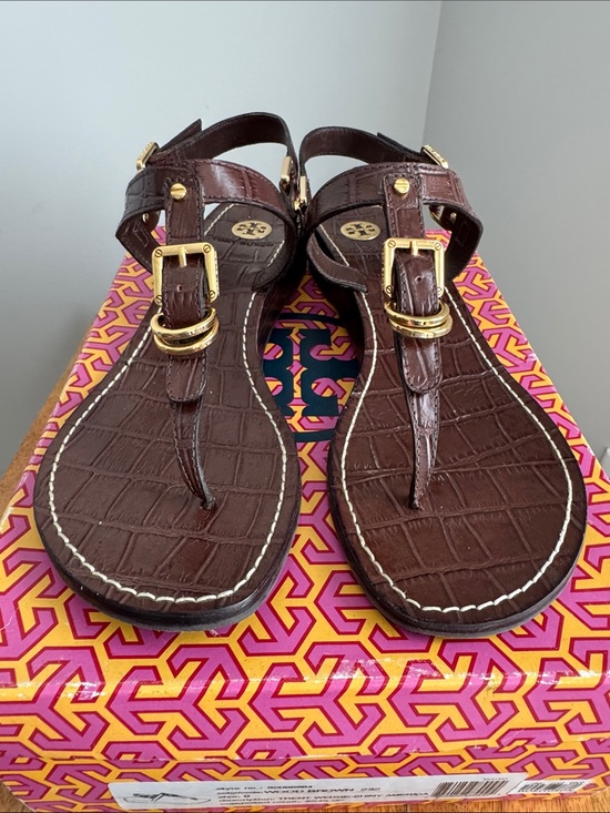 Tory Burch Shoes - Tory Burch Trent Wedge-Shiny America Sandal - Wood Brown, Size 9